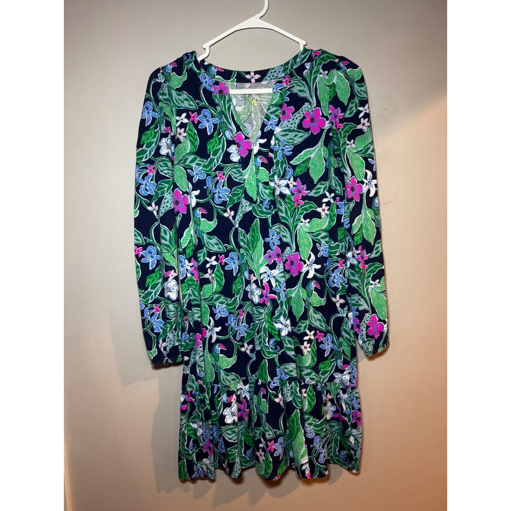 Lilly Pulitzer "Alyssa" Navy Blue Floral Toucan Cotton Knit Ruffle Hem Dress XS